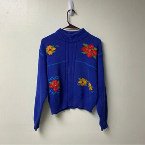 LizSport Liz Claiborne Vintage Floral Embroidered Mock Neck Knit Sweater Size MP